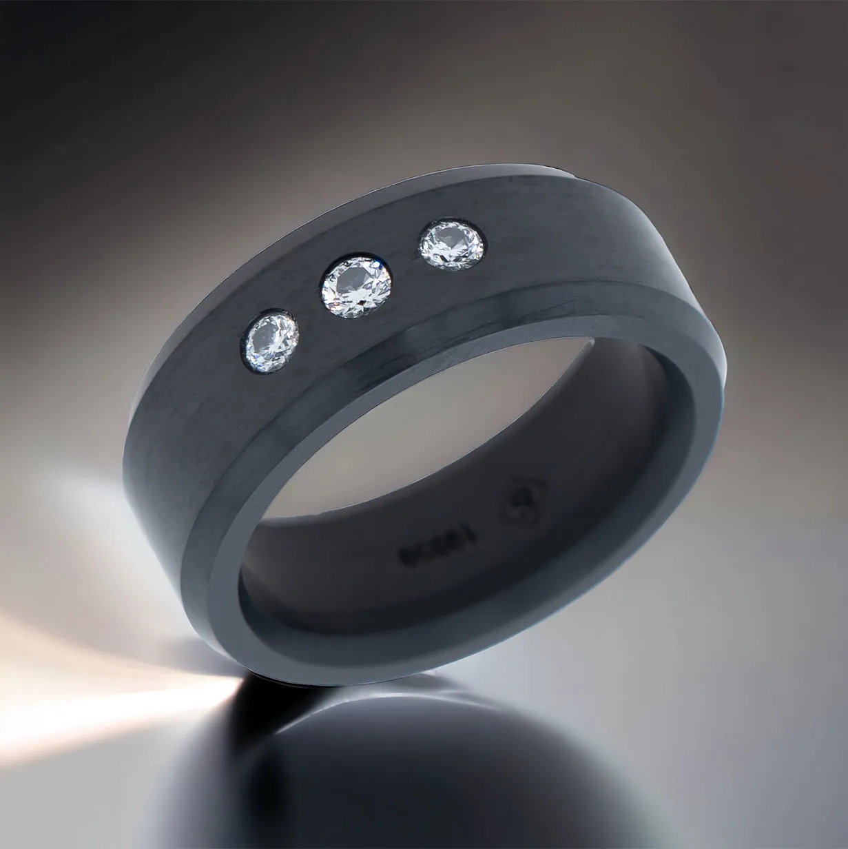 ARES - 8mm - Size 8.5 - Satin Finish - White Triple Stone Inset - SHIPS WITHIN 2 BUSINESS DAYS sold by Elysium Black Diamond product image thumbnail 4