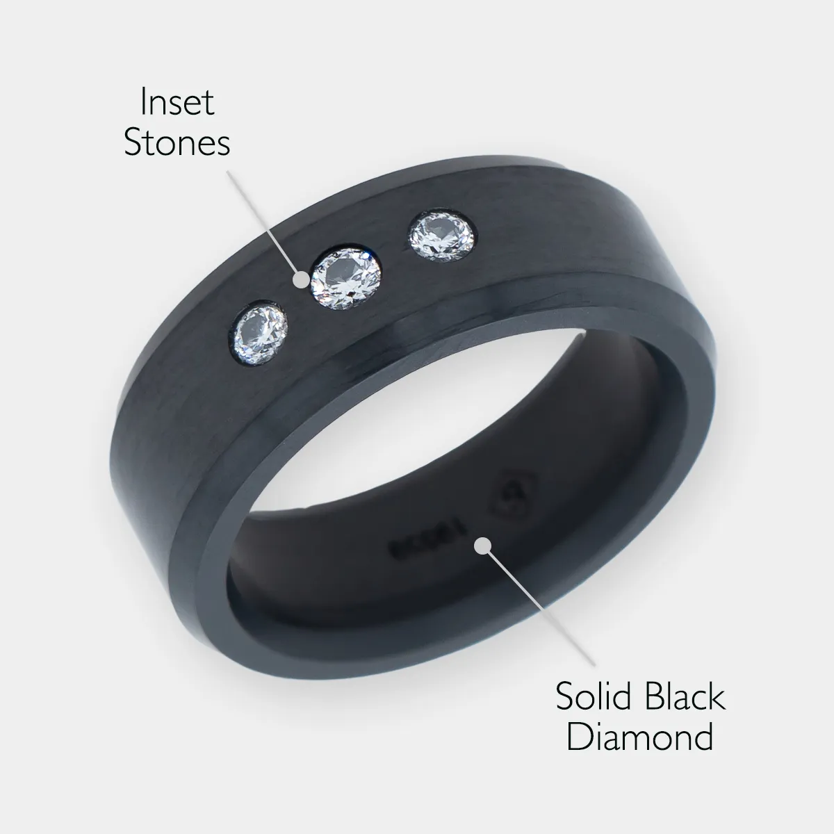 ARES - 8mm - Size 8.5 - Satin Finish - White Triple Stone Inset - SHIPS WITHIN 2 BUSINESS DAYS sold by Elysium Black Diamond product image thumbnail 2