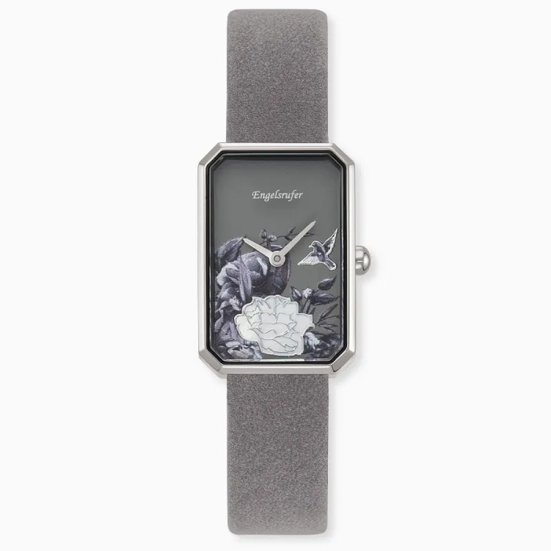 Uhr Edelstahl Blume mit Nubuk Lederband Grau sold by Engelsrufer