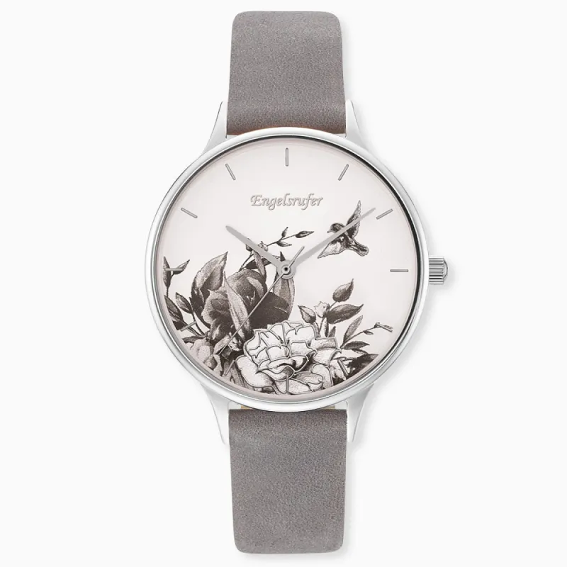 Uhr Edelstahl Blume Silber mit Nubuk Lederband Grau sold by Engelsrufer