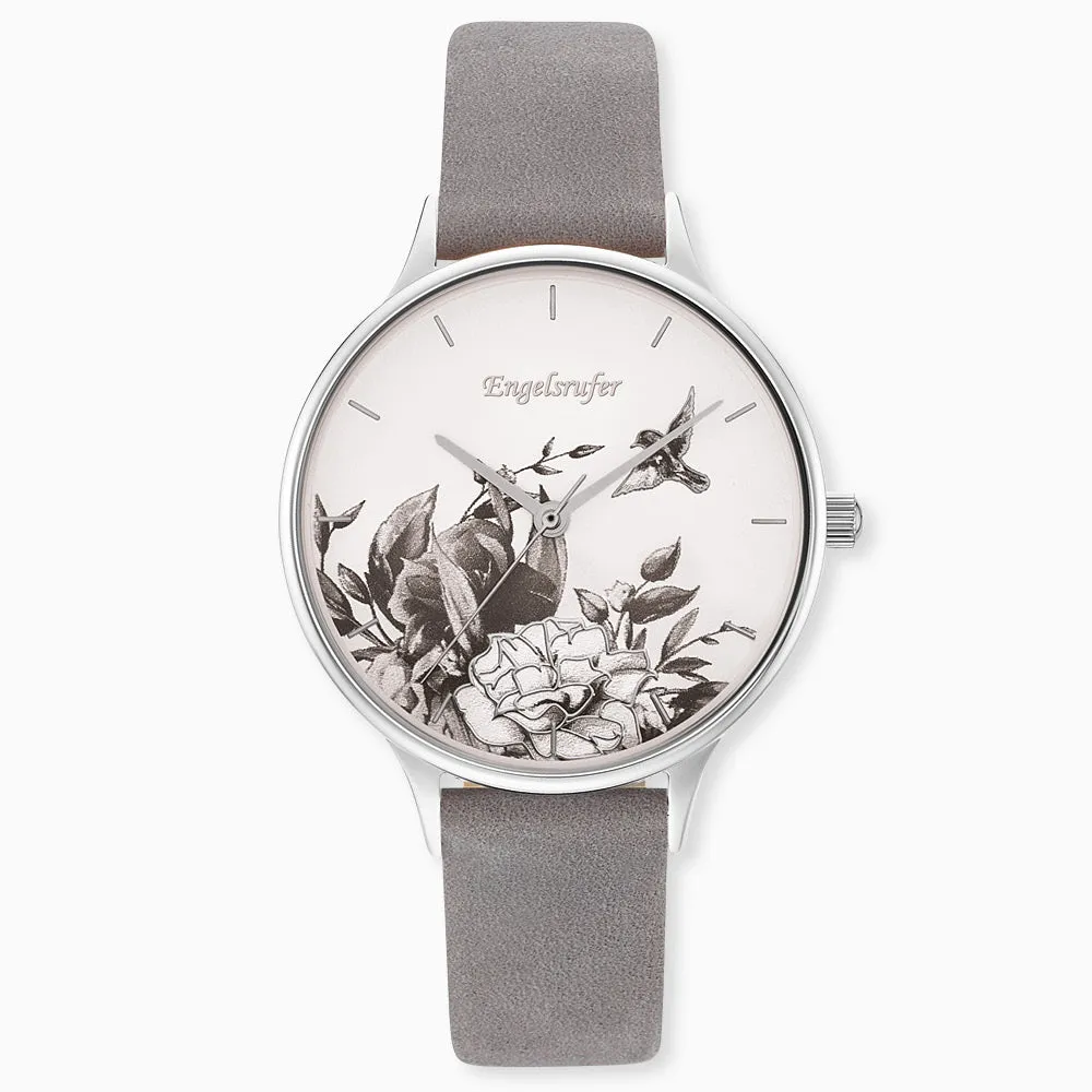 Uhr Edelstahl Blume Silber mit Nubuk Lederband Grau sold by Engelsrufer