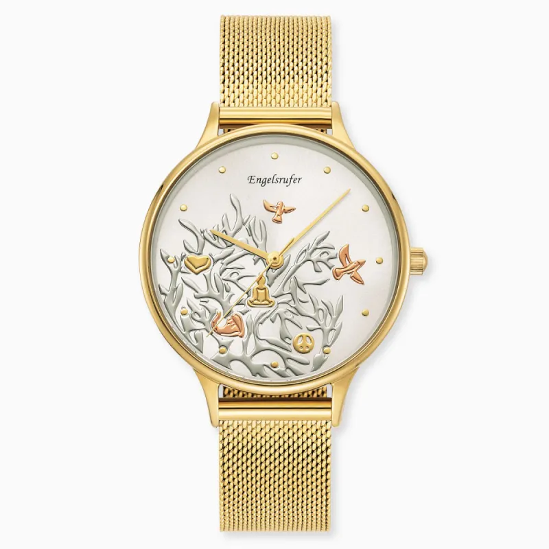 Uhr Edelstahl Lebensbaum mit Mesh-Band Gold sold by Engelsrufer