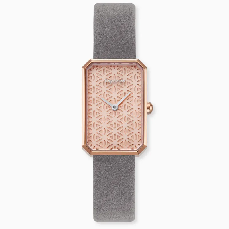 Uhr Edelstahl Lebensblume Rosé mit Nubuk Lederband Grau sold by Engelsrufer