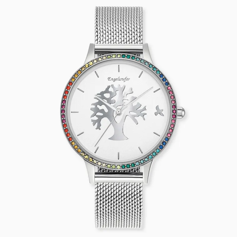 Uhr Edelstahl Lebensbaum mit Zirkonia Multicolor und Edelstahl Mesh-Band sold by Engelsrufer