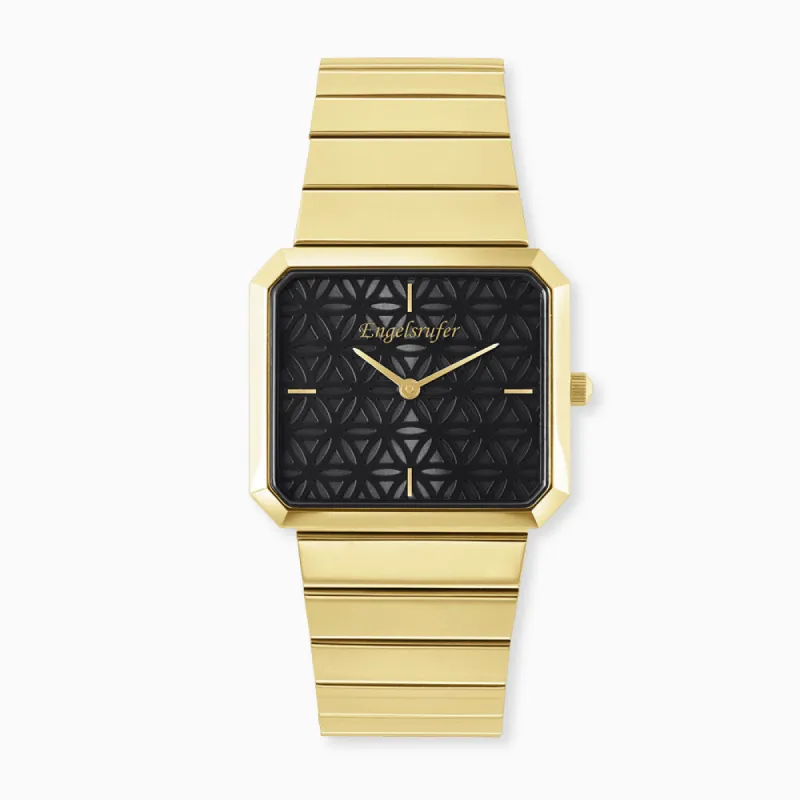Uhr Edelstahl Lebensblume Schwarz mit Edelstahl Armband Gold sold by Engelsrufer