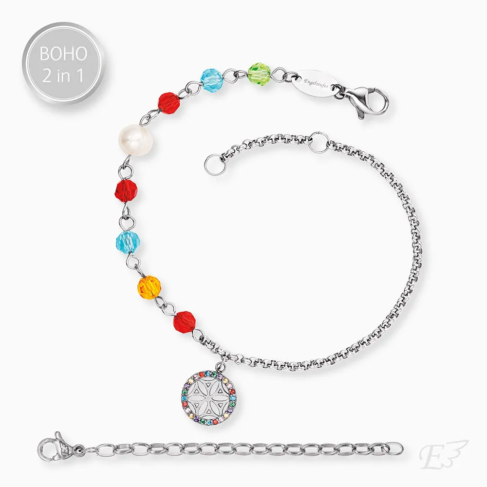 Duo 2 in 1: Armband Edelstahl BOHO Lebensblume mit Zirkonia Multicolor sold by Engelsrufer