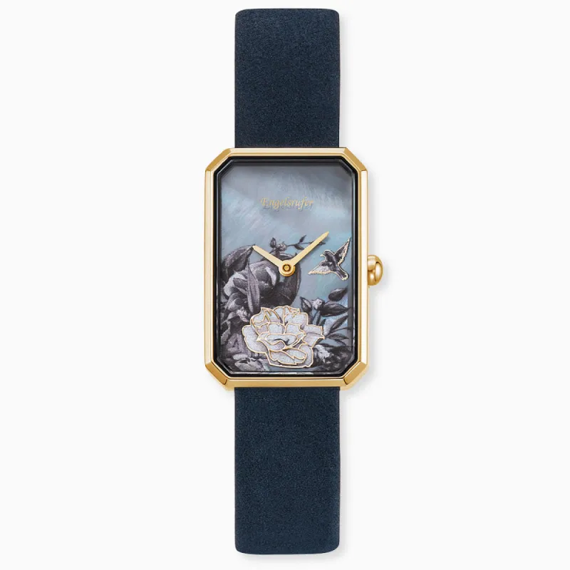 Uhr Edelstahl Blume Gold mit Nubuk Lederband Nachtblau sold by Engelsrufer