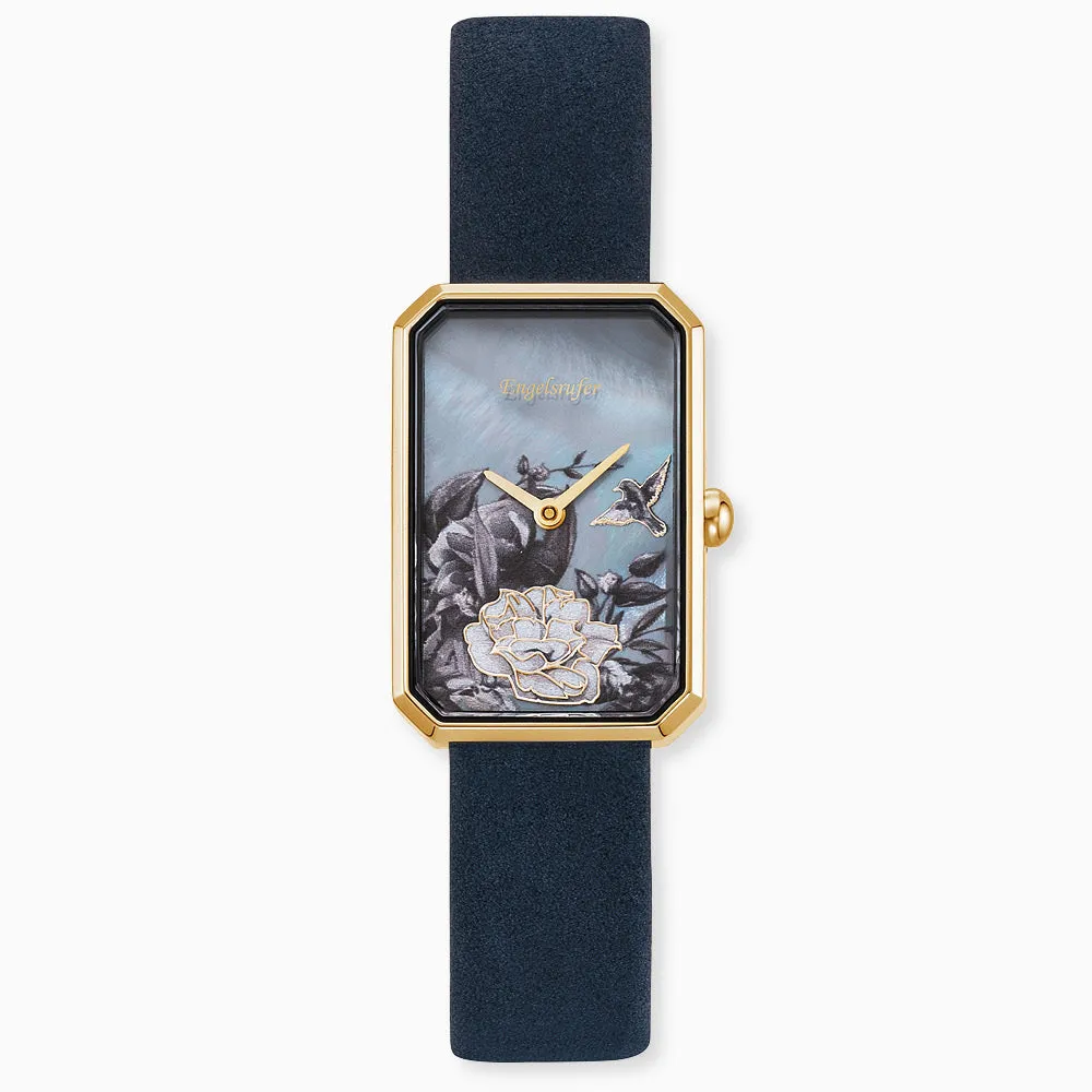 Uhr Edelstahl Blume Gold mit Nubuk Lederband Nachtblau sold by Engelsrufer