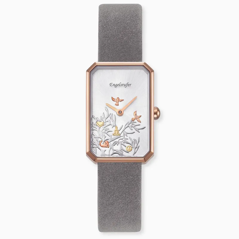 Uhr Edelstahl Lebensbaum Rosé mit Nubuk Lederband Grau sold by Engelsrufer