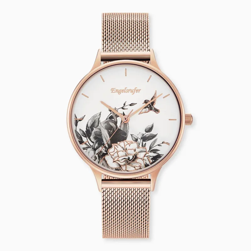 Uhr Edelstahl Blume Roségold mit Edelstahl Mesh-Band Roségold sold by Engelsrufer