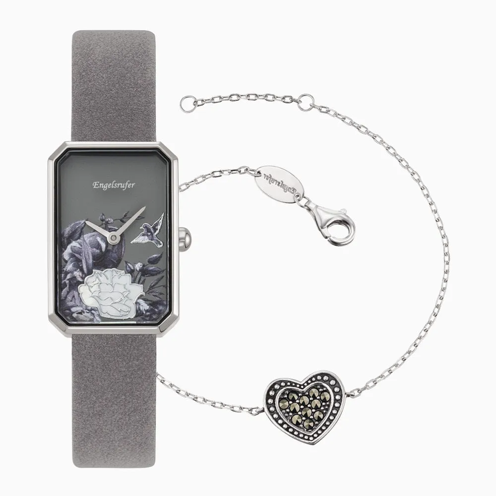 Set Uhr Edelstahl Blume & Armband 925er Silber Herz mit Markasit sold by Engelsrufer