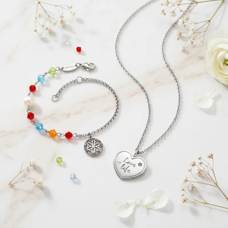 2er Duo Set Armband Edelstahl BOHO Lebensblume Zirkonia Multicolor & Halskette Edelstahl Silber Love Grußkarte made by Engelsrufer