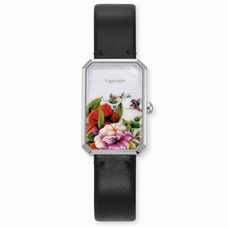 Uhr Edelstahl Blume mit Lederband Schwarz sold by Engelsrufer