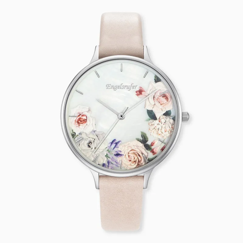 Uhr Edelstahl Blume mit Lederband Beige sold by Engelsrufer