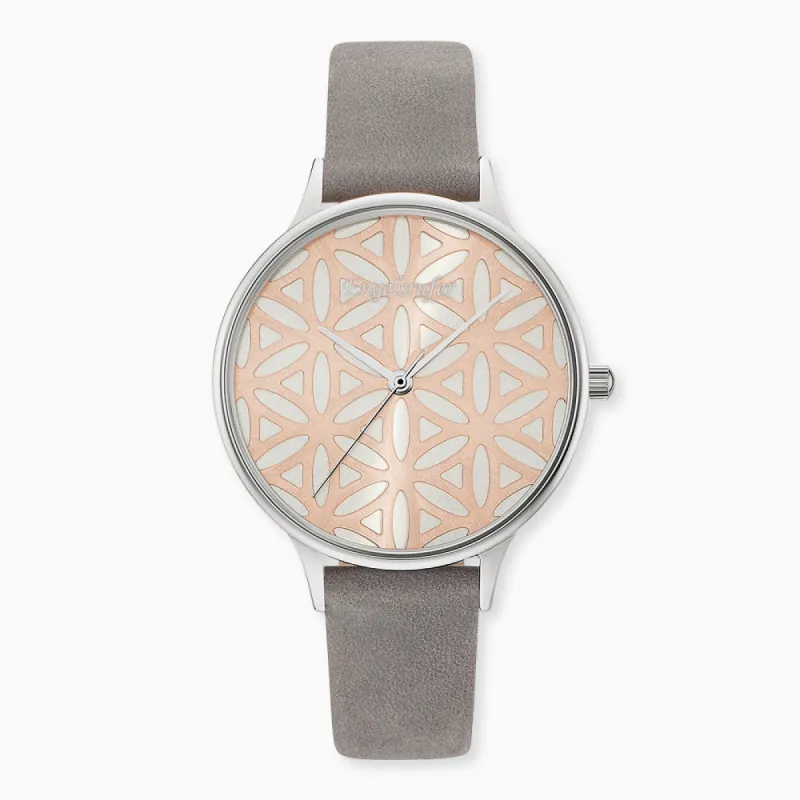 Uhr Edelstahl Lebensblume Bicolor mit Nubuk Lederband Grau sold by Engelsrufer