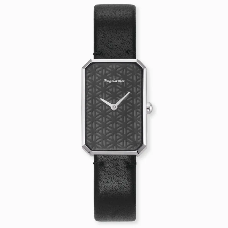 Uhr Edelstahl Lebensblume mit Lederband Schwarz sold by Engelsrufer