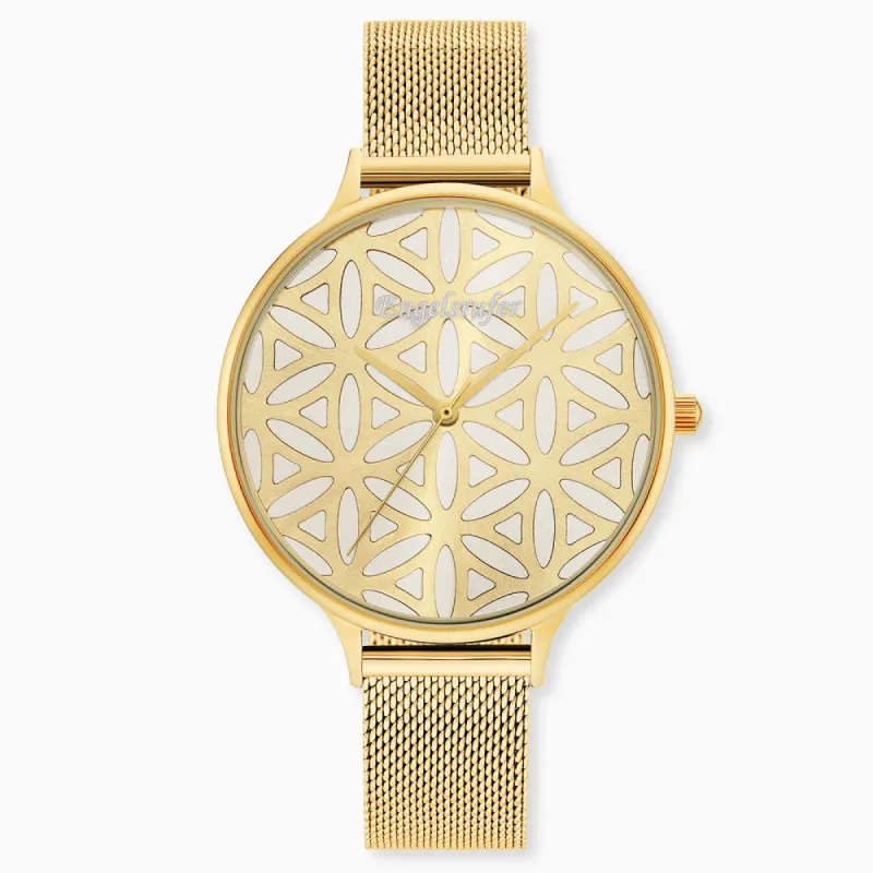 Uhr Edelstahl Lebensblume mit Edelstahl Mesh-Band Gold sold by Engelsrufer