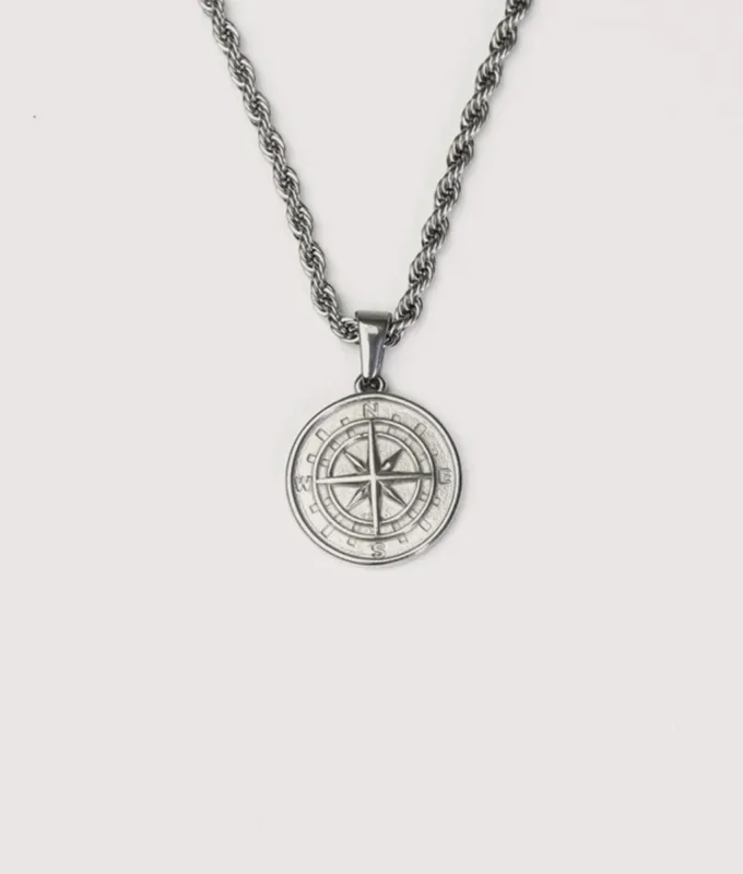 Silver Stainless Steel Compass Pendant 22" sold by EQVVS