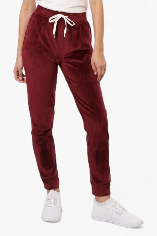 Mikk Tie Waist Velour Plush Pajama Pants - Burgundy sold by Fairweather
