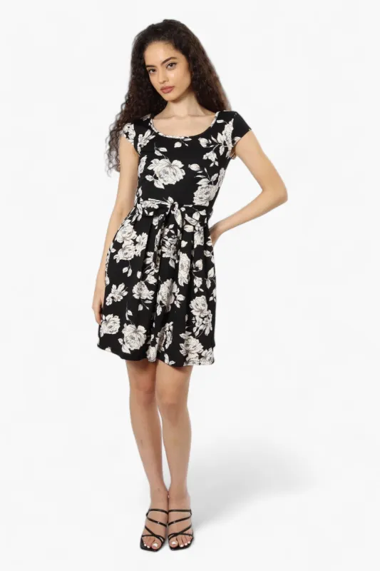 Limite Belted Floral Cap Sleeve Day Dress - Black sold by Fairweather