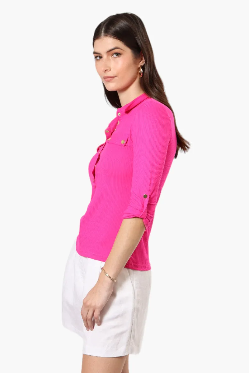 Impress Ribbed Roll Up Sleeve Shirt - Pink sold by Fairweather product image thumbnail 3
