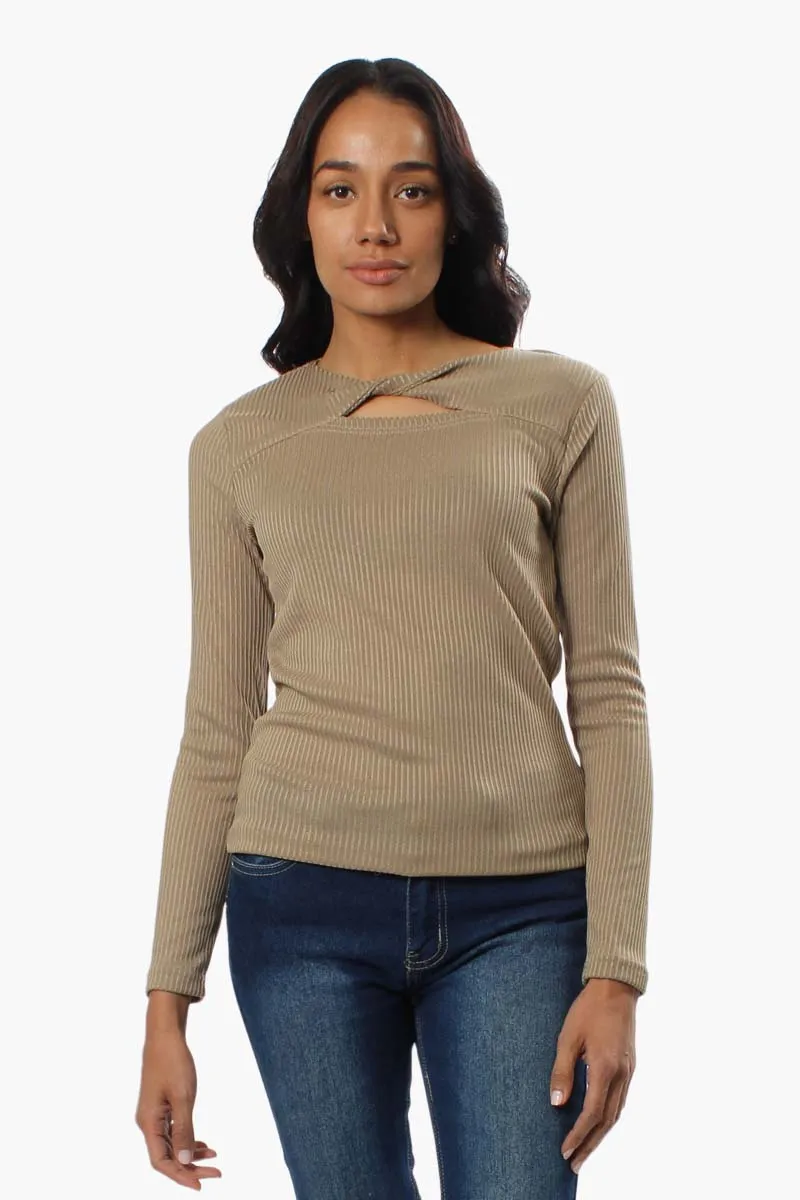 Magazine Ribbed Front Twist Long Sleeve Top - Beige sold by Fairweather