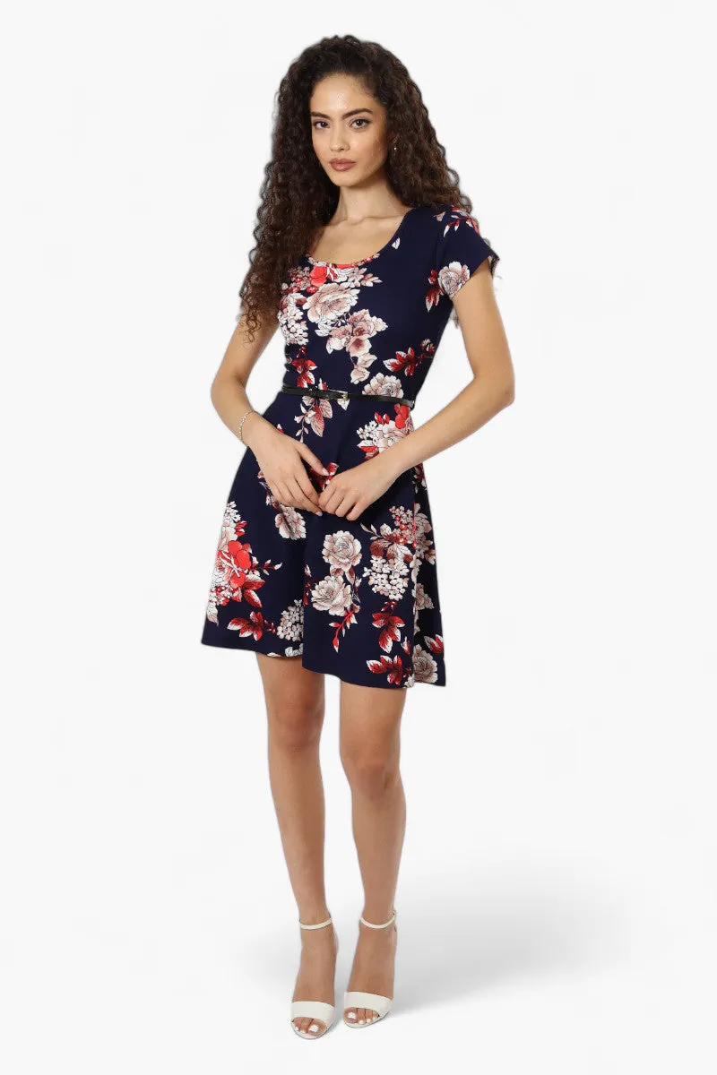 Impress Floral Belted Skater Day Dress - Navy sold by Fairweather