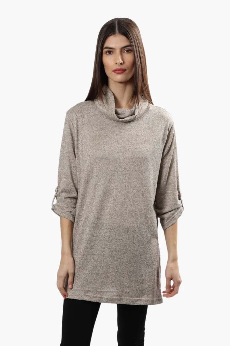 Runaway Bay Cowl Neck Roll Up Long Sleeve Top - Stone sold by Fairweather