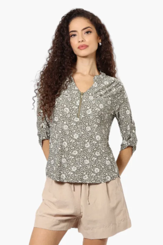 Beechers Brook Floral Half Zip Roll Up Sleeve Shirt - Olive sold by Fairweather