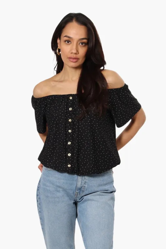 International INC Company Patterned Placket Off Shoulder Blouse - Black sold by Fairweather