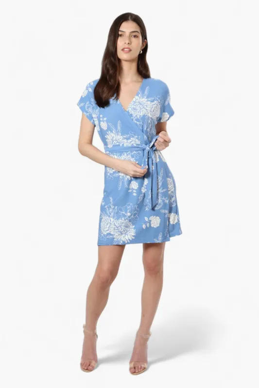 Majora Belted Floral Crossover Day Dress - Blue sold by Fairweather