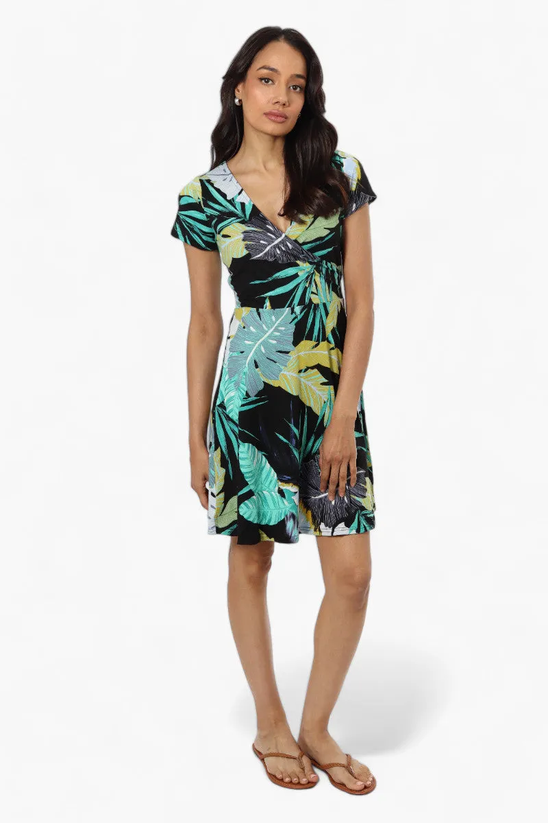 International INC Company Leaf Pattern Belted Crossover Day Dress - Black sold by Fairweather