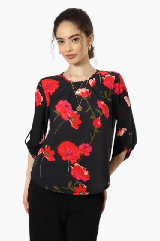 Beechers Brook Floral Roll Up Sleeve Necklace Blouse - Black sold by Fairweather
