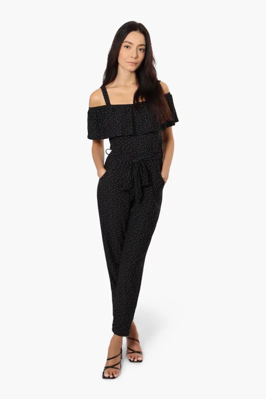 Beechers Brook Patterned Belted Ruffled Jumpsuit - Black sold by Fairweather