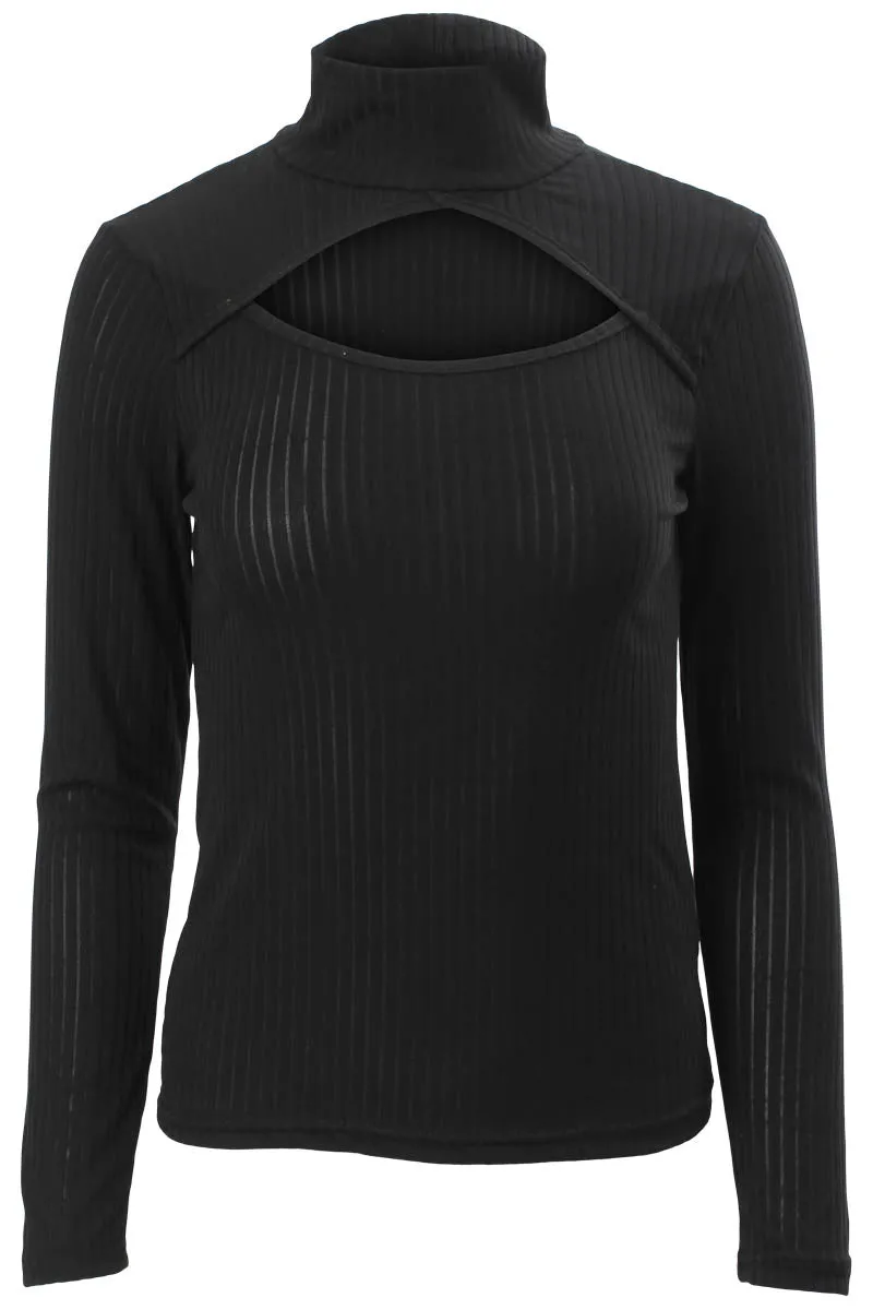 Majora Ribbed Cut Out Front Long Sleeve Top - Black sold by Fairweather