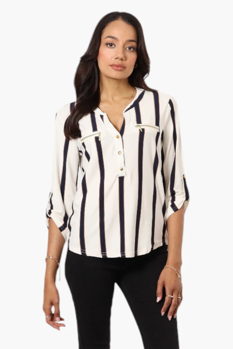Beechers Brook Striped Henley Roll Up Sleeve Shirt - White sold by Fairweather