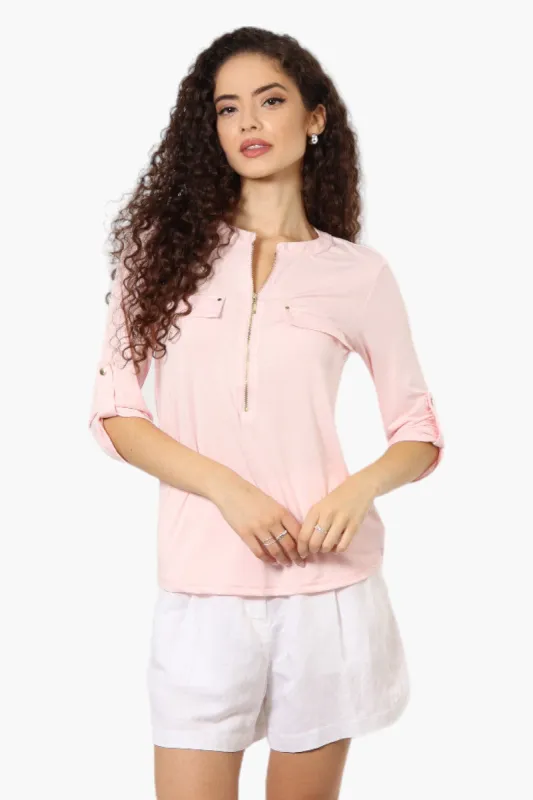 Beechers Brook Solid Half Zip Roll Up Sleeve Shirt - Pink sold by Fairweather