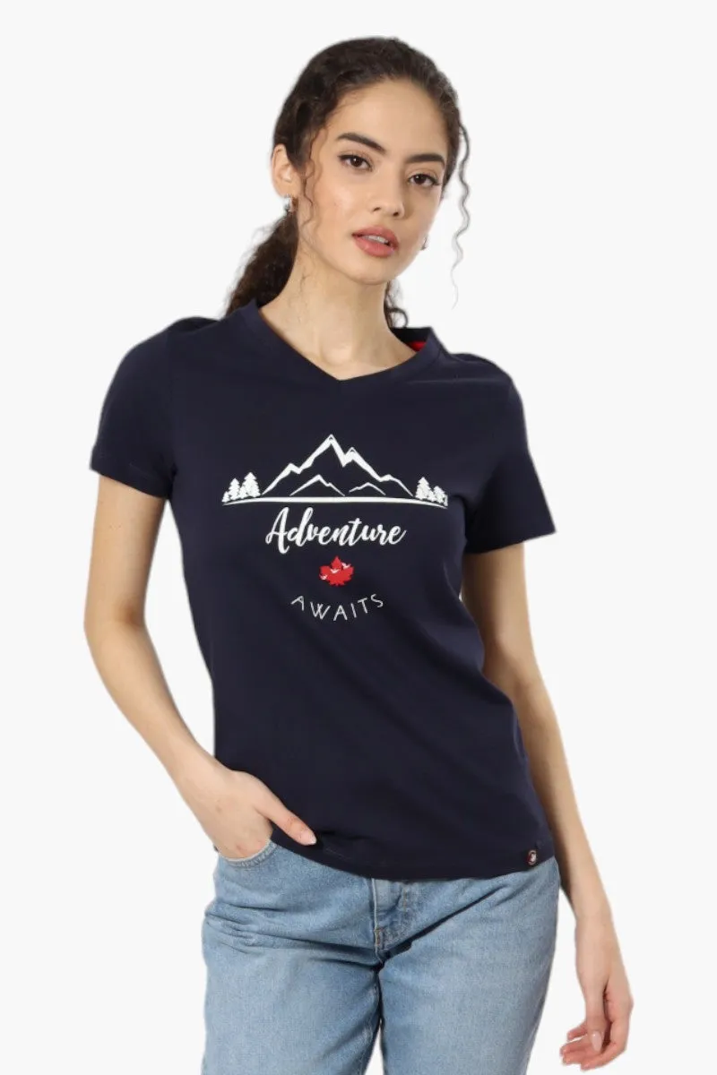 Canada Weather Gear Adventure Awaits V-Neck Tee - Navy sold by Fairweather