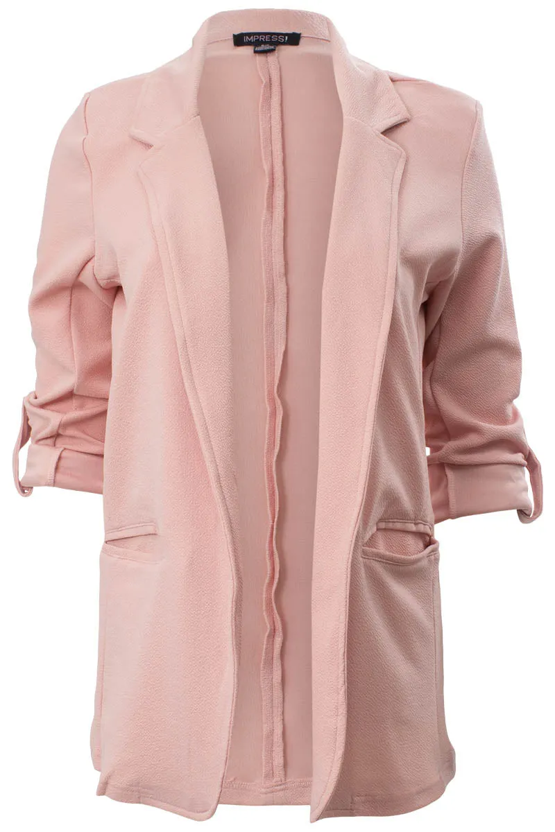 Solid Roll Up Sleeve Open Front Blazer - Pink sold by Fairweather