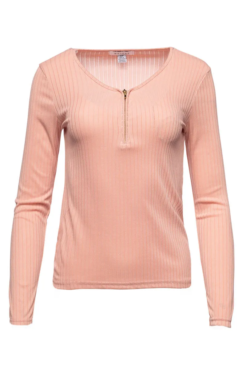 Solid Ribbed Front Zip Long Sleeve Top - Pink sold by Fairweather