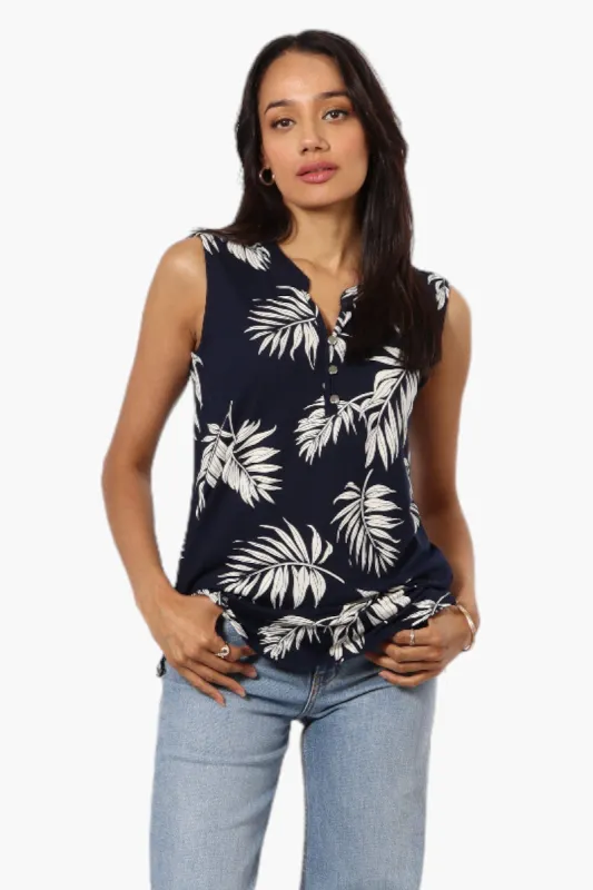 International INC Company Leaf Pattern Henley Tank Top - Navy sold by Fairweather