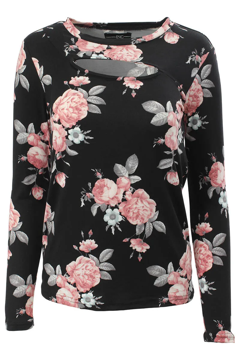 International INC Company Floral Keyhole Front Long Sleeve Top - Black sold by Fairweather