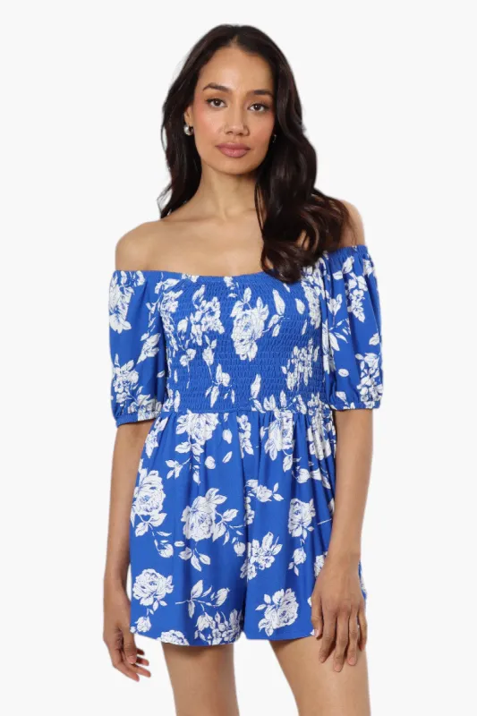 Majora Floral Smocked Waist Romper - Blue sold by Fairweather