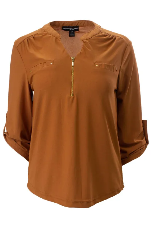 Solid Roll Up Sleeve Front Pocket Shirt - Rust sold by Fairweather