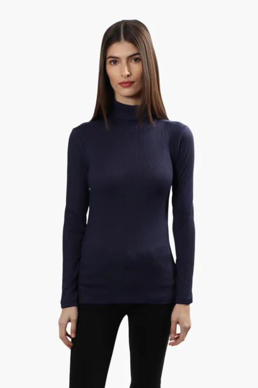 Magazine Ribbed Turtleneck Long Sleeve Top - Navy sold by Fairweather