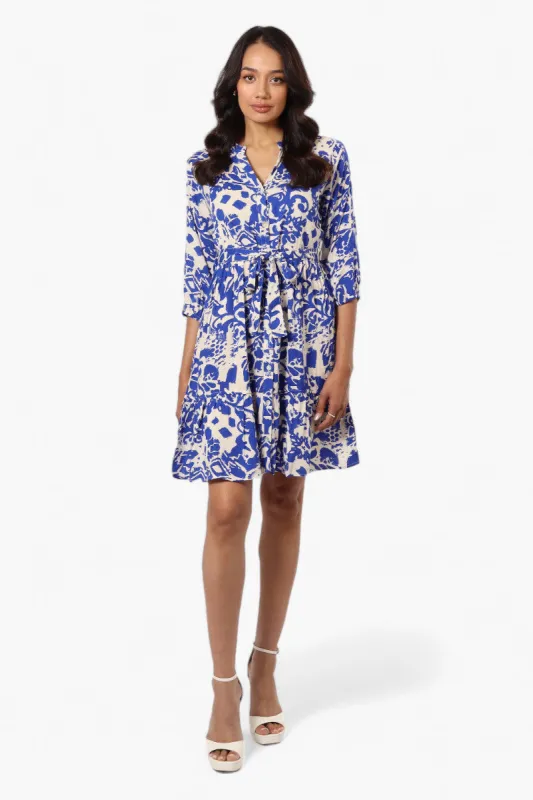 Beechers Brook Belted Patterned Button Down Day Dress - Blue sold by Fairweather