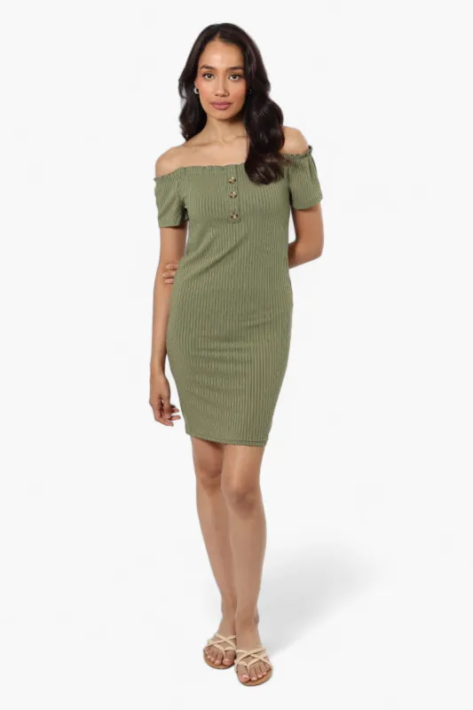 Majora Ribbed Off Shoulder Day Dress - Green sold by Fairweather