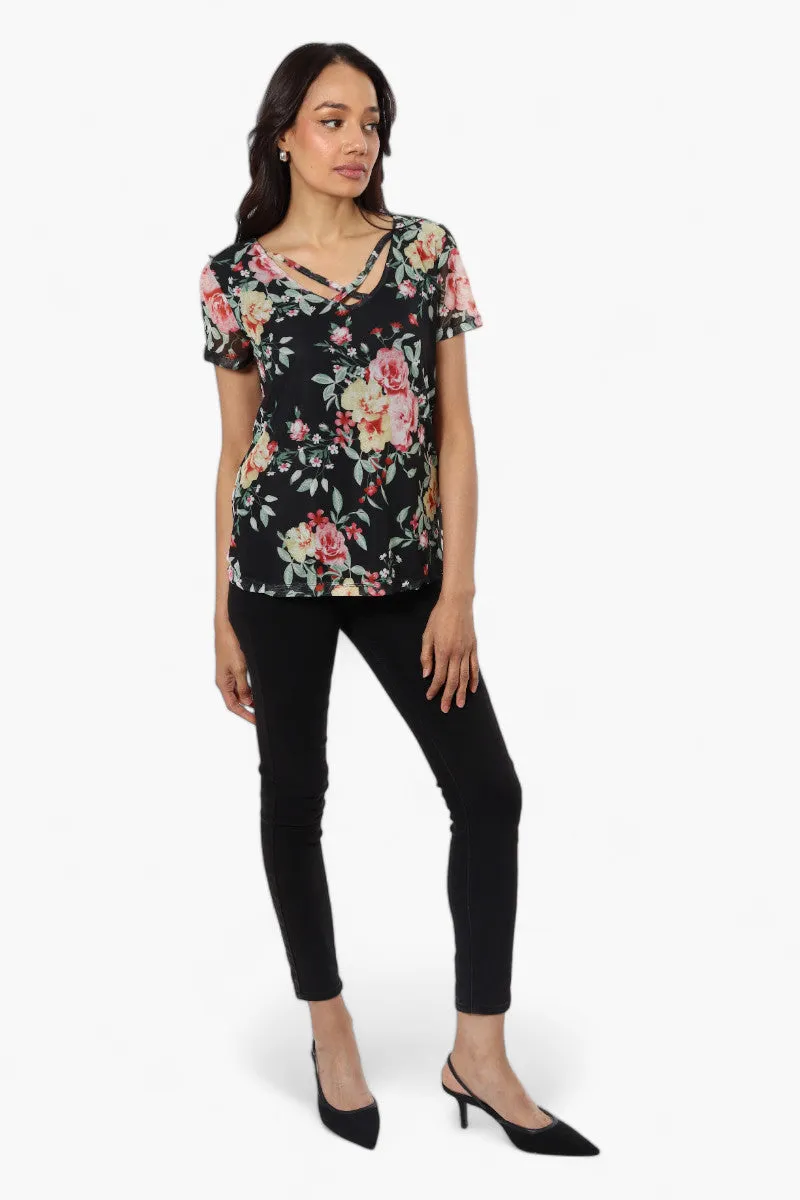 Limite Floral Front Strap Short Sleeve Blouse - Black sold by Fairweather product image thumbnail 2