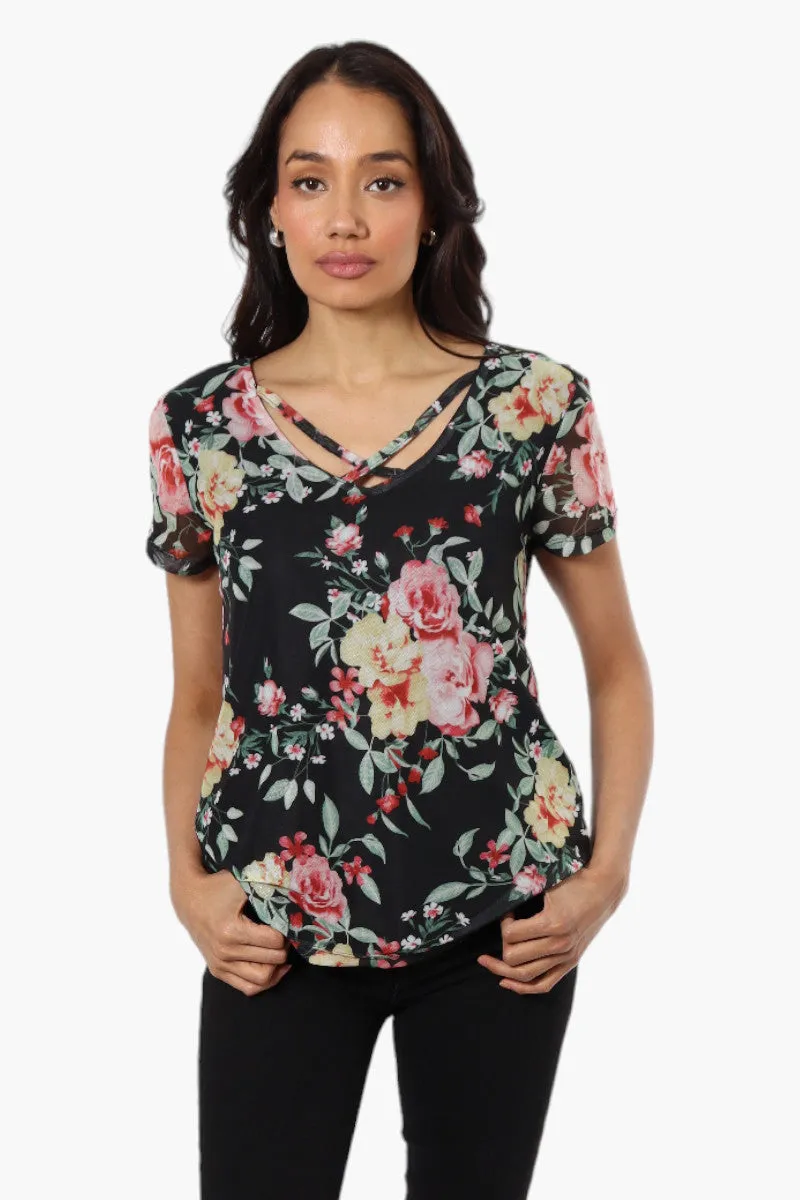 Limite Floral Front Strap Short Sleeve Blouse - Black sold by Fairweather