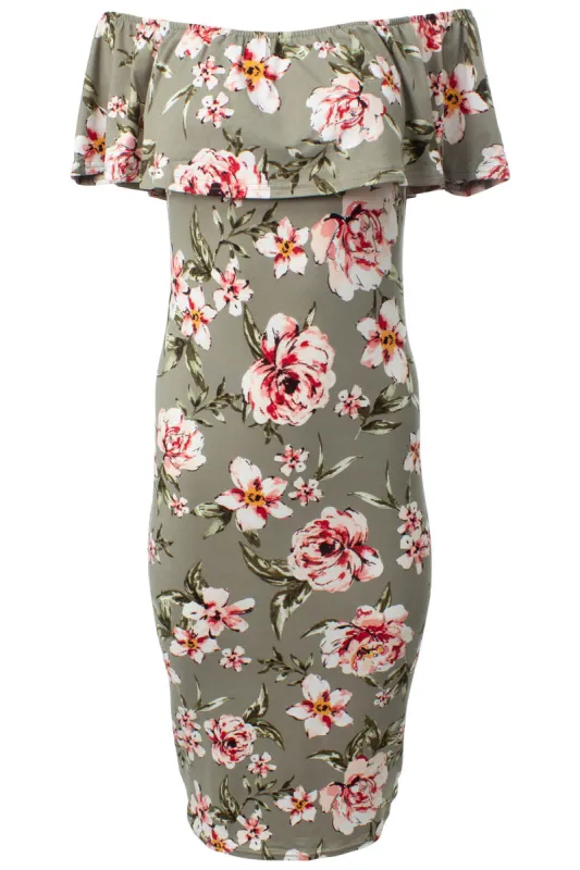 Floral Off Shoulder Flounce Midi Dress - Olive sold by Fairweather